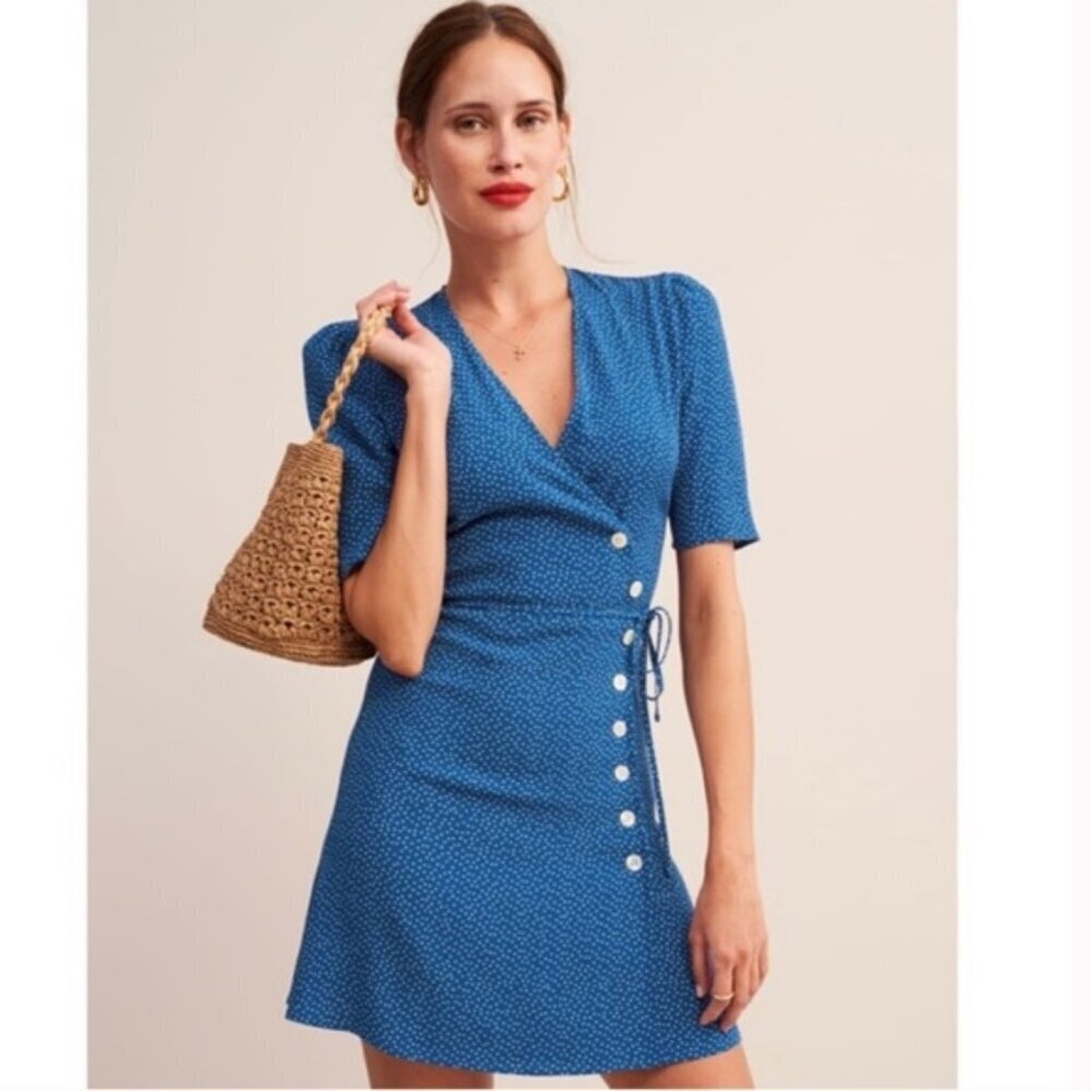 💕ROUJE💕 Gabinette Short Wrap Dress ~ Royal Blue Polka Dot Print 36